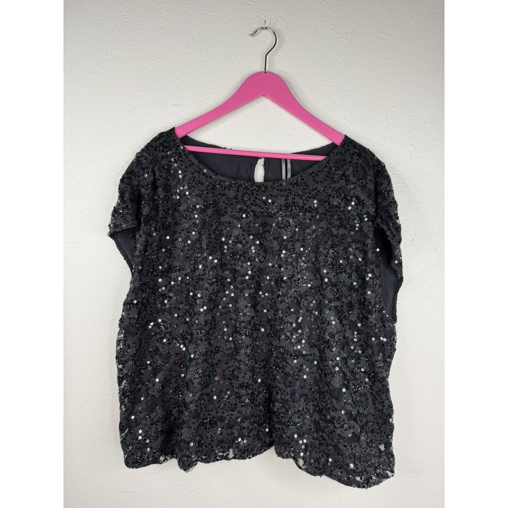 Anthropologie Black Sequin Lace Top Sleeveless Keyhole Back Floral Bubble Hem 2X